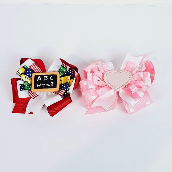 Vintage Lot of 2, Handmade Hair Bows Barrette Clip, Back to School, Sweet Pink - Picture 1 of 5